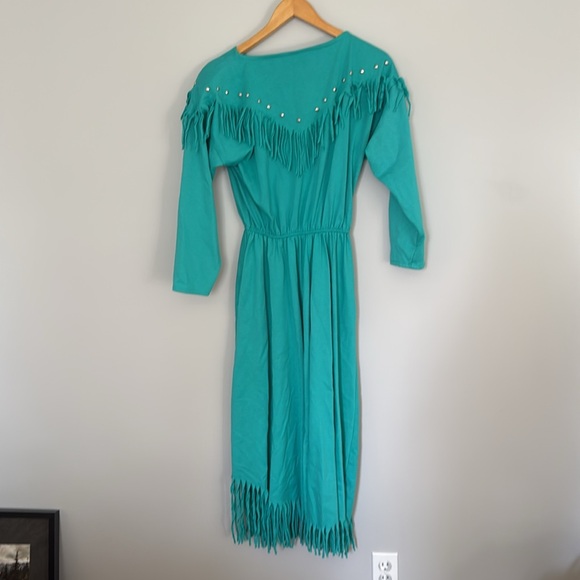 VINTAGE FRINGE DRESS WITH MATCHING BELT COTTON BLEND MADE IN USA - Picture 6 of 12